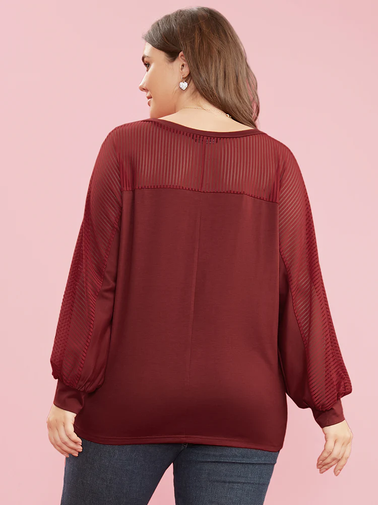 Striped Mesh Patchwork Dolman Sleeve V Neck Long Tee - Image 5