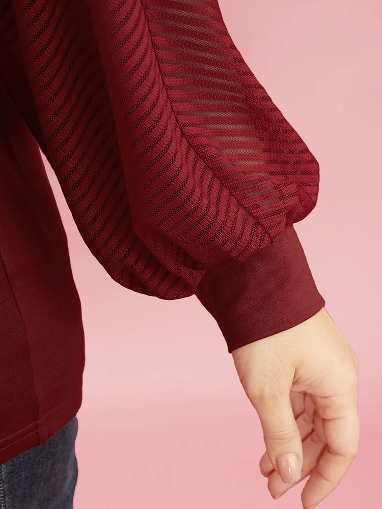 Striped Mesh Patchwork Dolman Sleeve V Neck Long Tee - Image 8