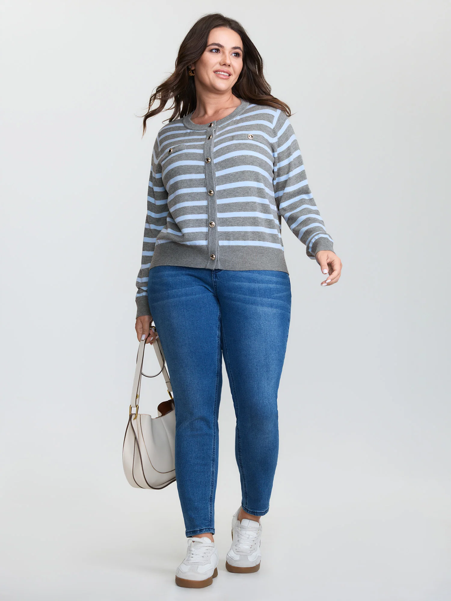 Striped Metallic Button Knit Cardigan - Image 3