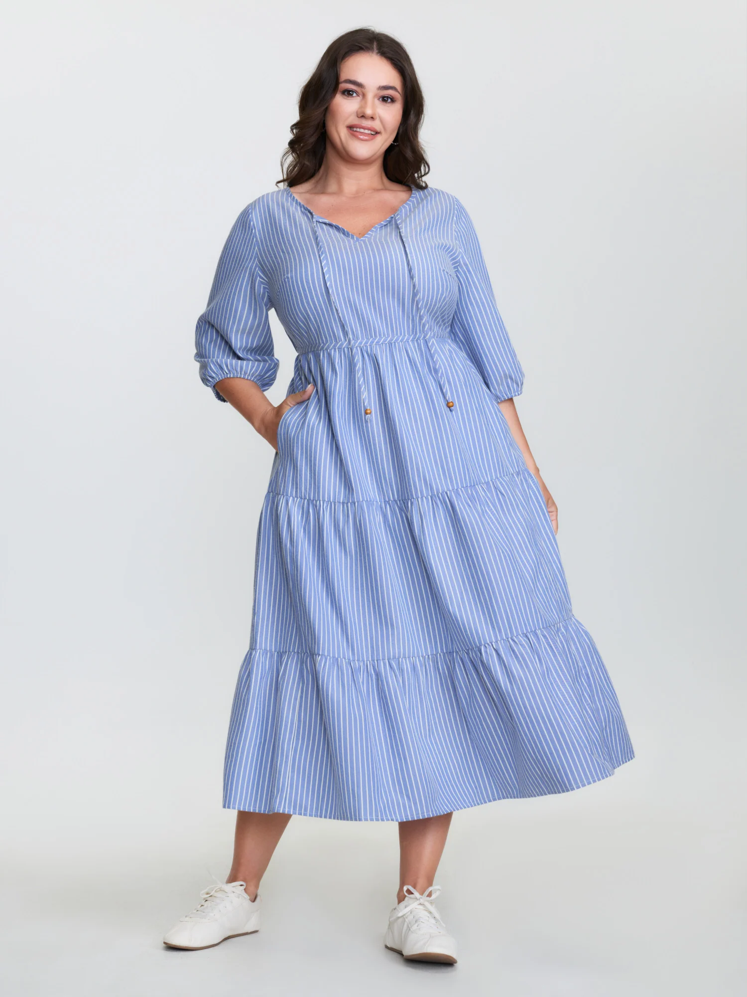 Striped Neck-Tie Tiered Midi Dress - Image 3