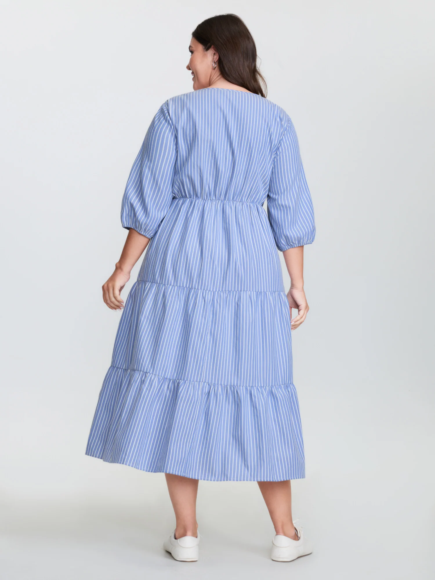Striped Neck-Tie Tiered Midi Dress - Image 4