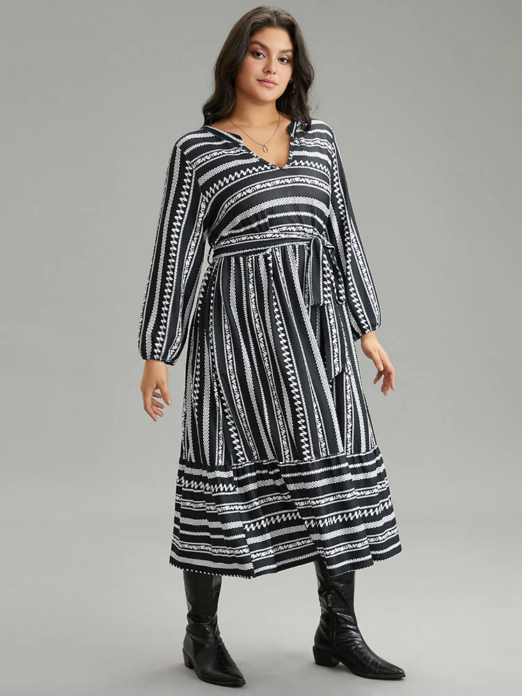 Striped Notched Belted Lantern Sleeve Dress - Image 2