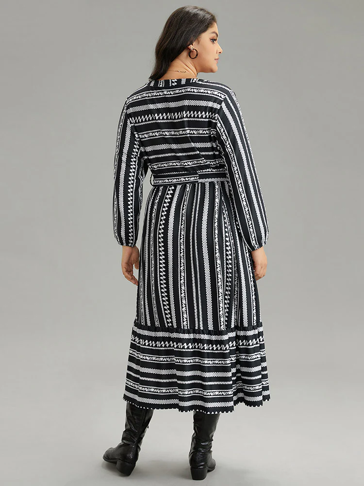 Striped Notched Belted Lantern Sleeve Dress - Image 3