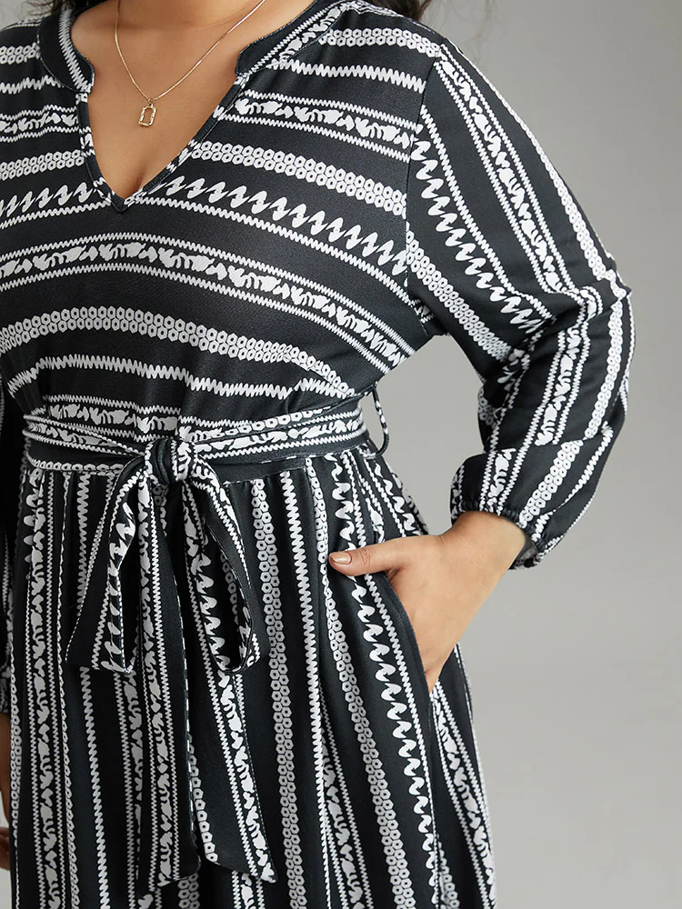 Striped Notched Belted Lantern Sleeve Dress - Image 4