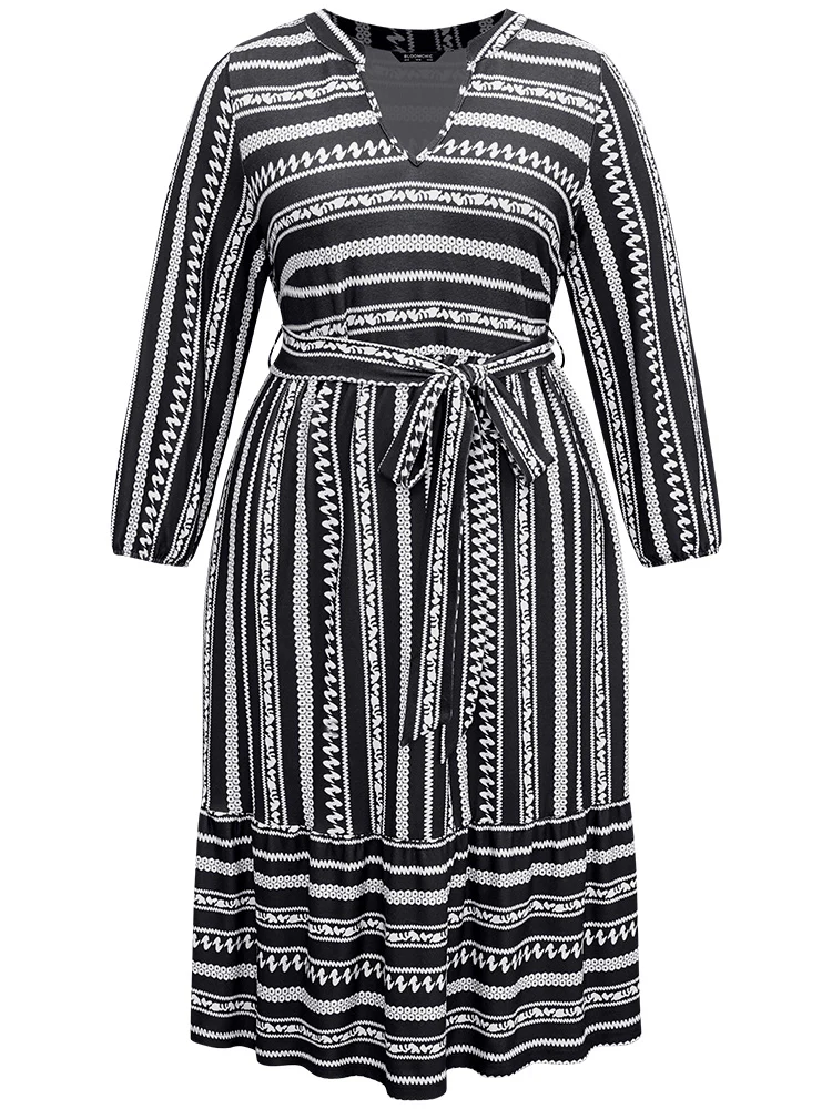Striped Notched Belted Lantern Sleeve Dress - Image 5