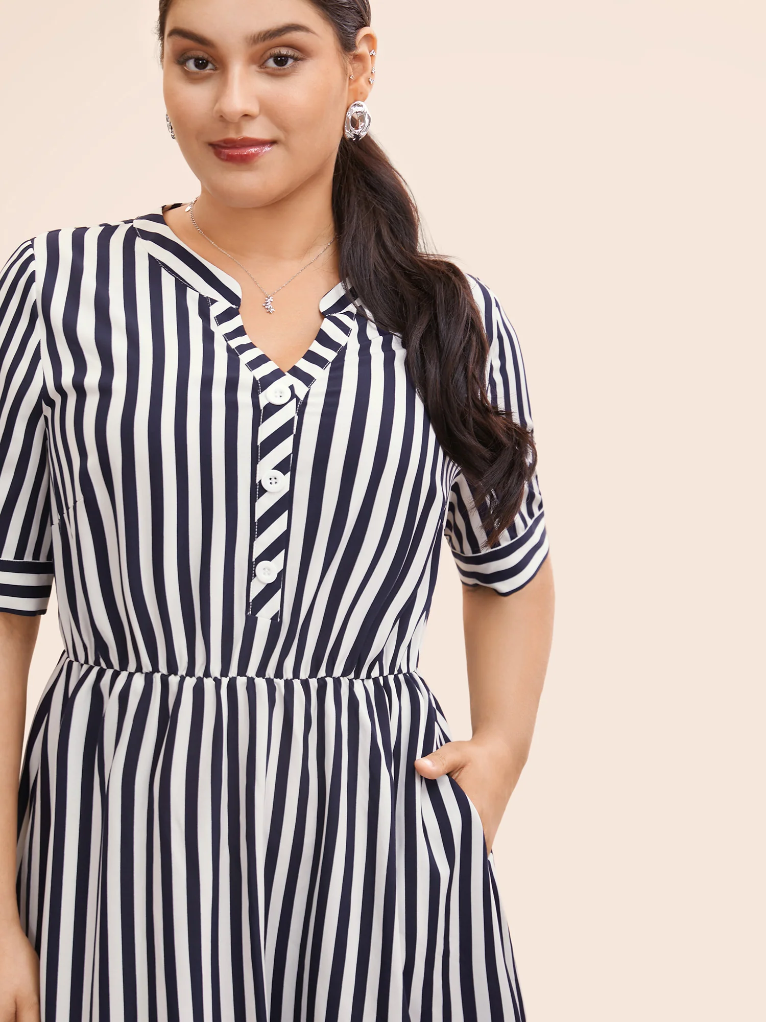 Striped Notched Button Detail Midi Dress - Image 2