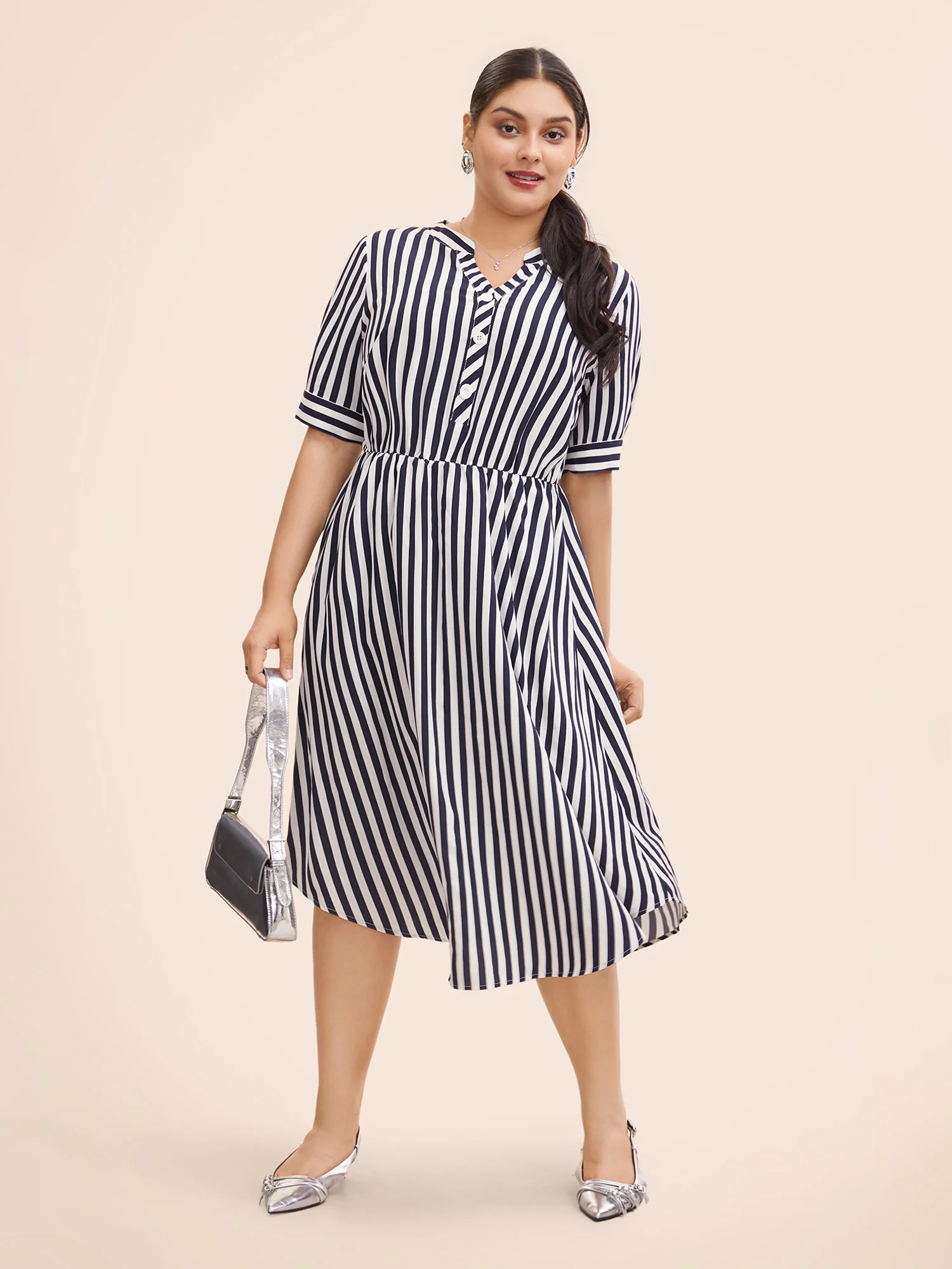 Striped Notched Button Detail Midi Dress - Image 3