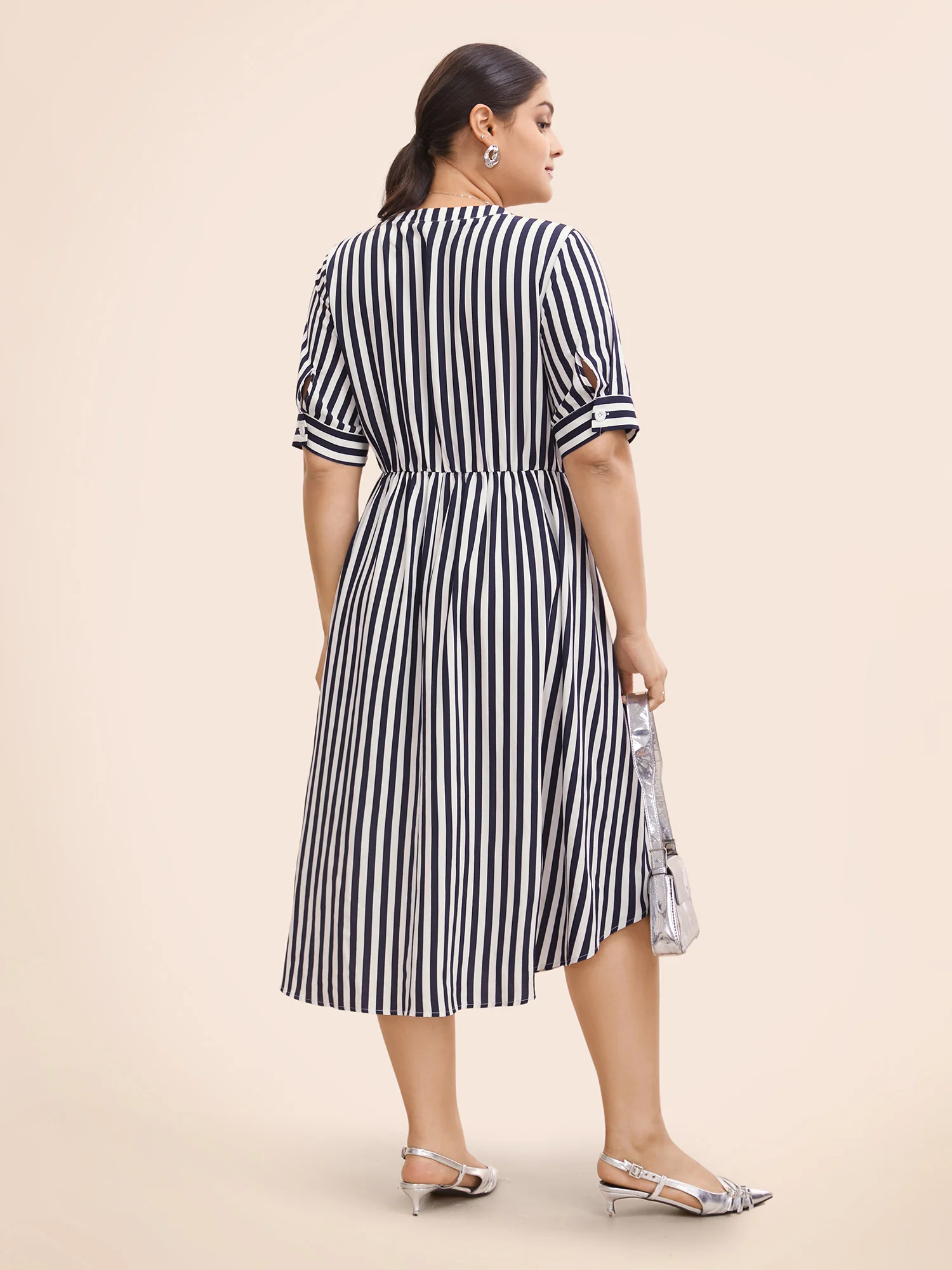 Striped Notched Button Detail Midi Dress - Image 4