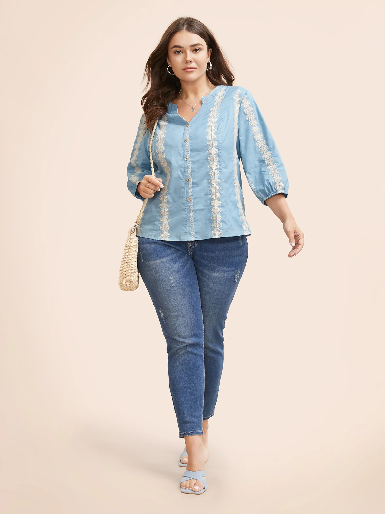 Striped Notched Embroidered Button Detail Blouse - Image 2