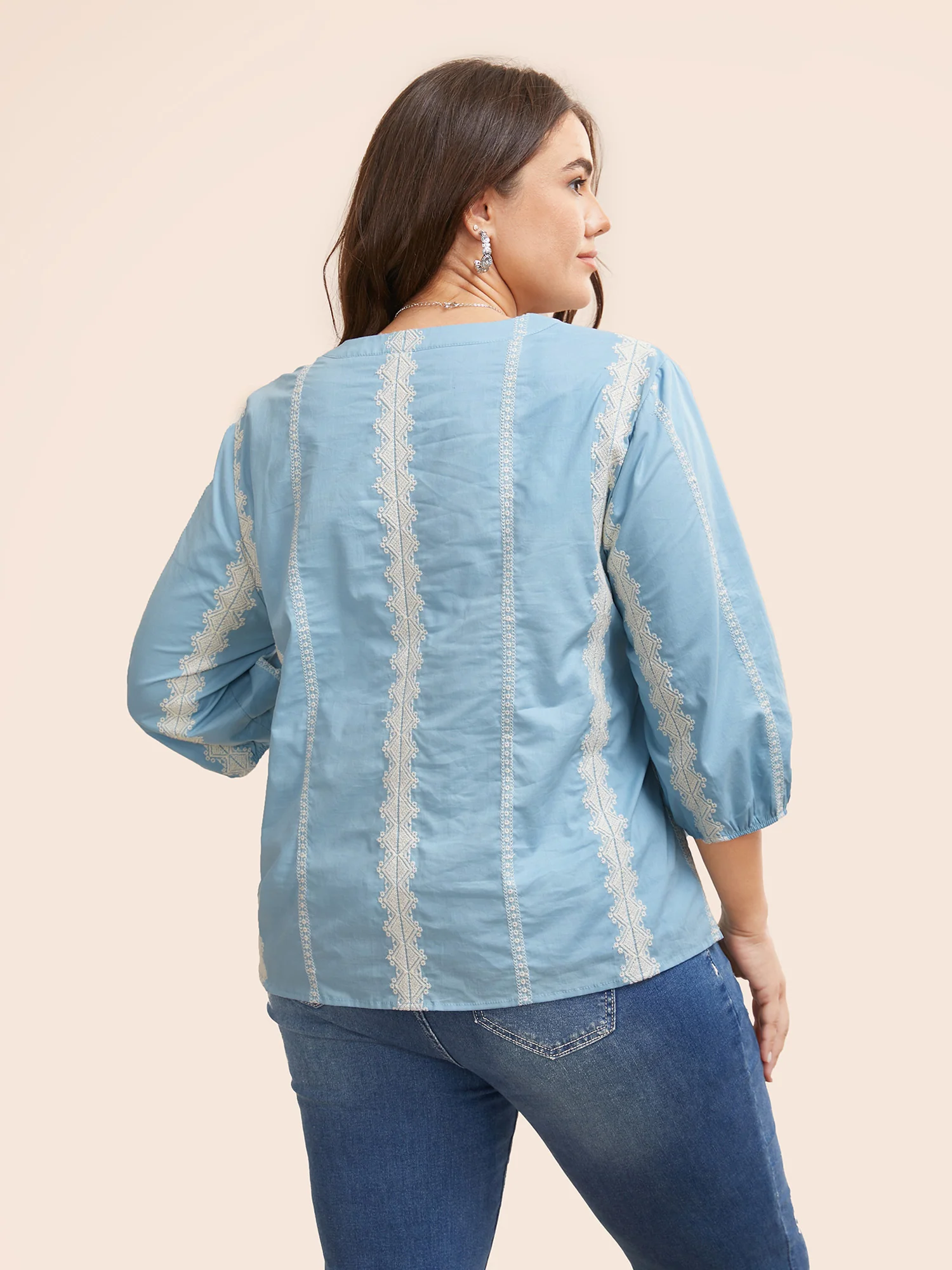 Striped Notched Embroidered Button Detail Blouse - Image 3