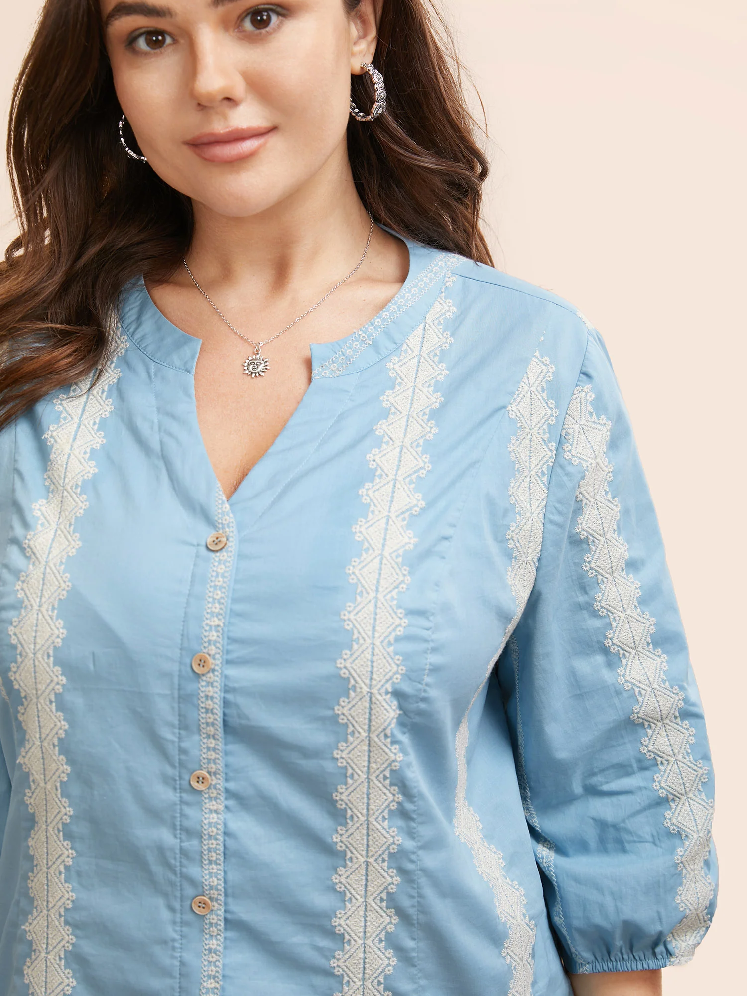 Striped Notched Embroidered Button Detail Blouse - Image 4