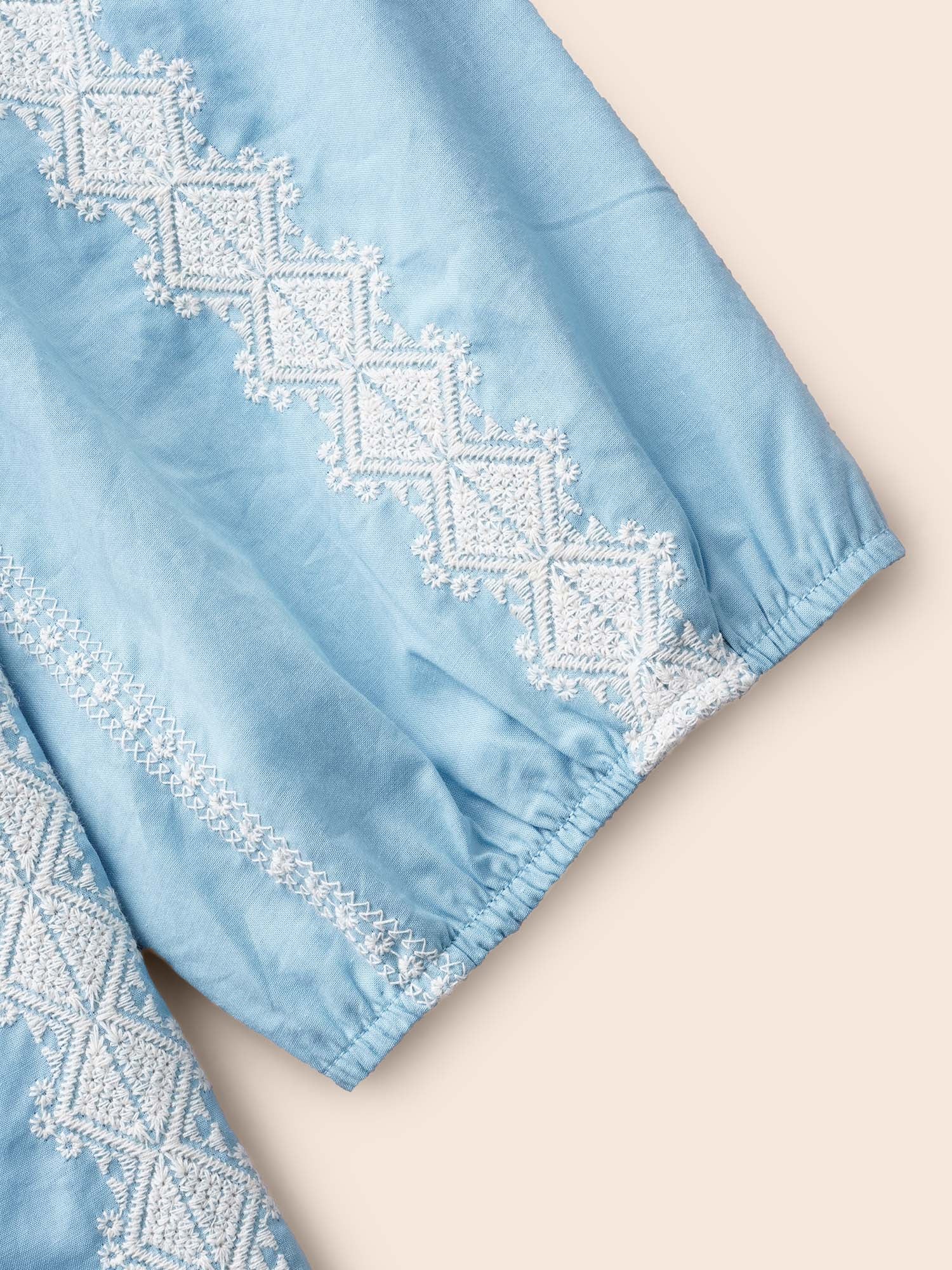 Striped Notched Embroidered Button Detail Blouse - Image 6