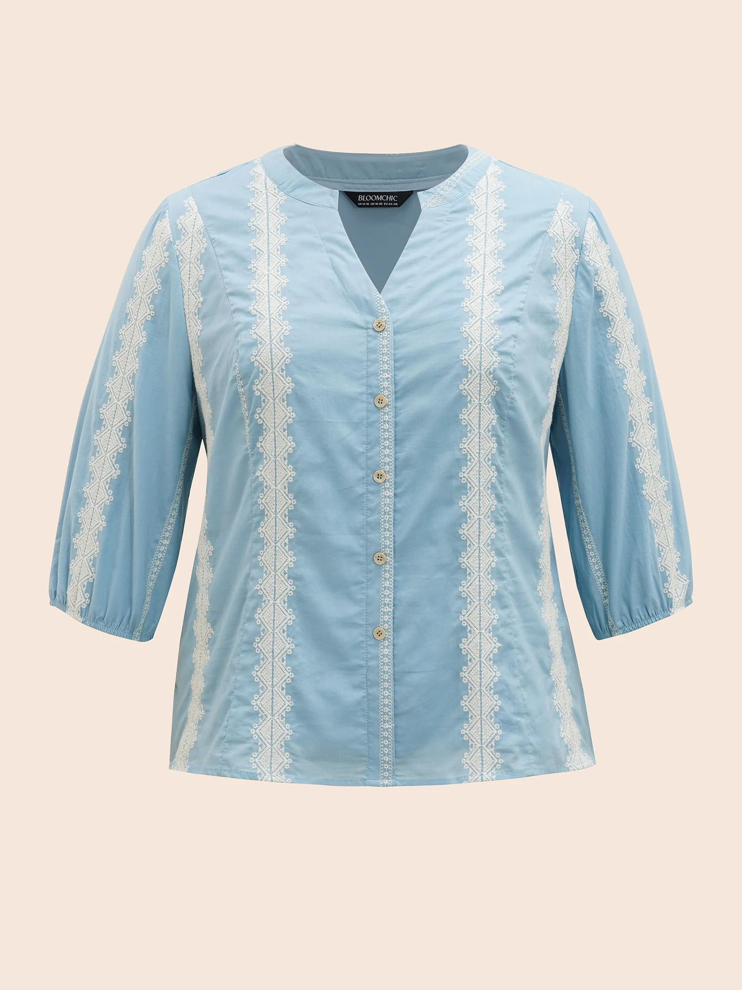 Striped Notched Embroidered Button Detail Blouse - Image 7