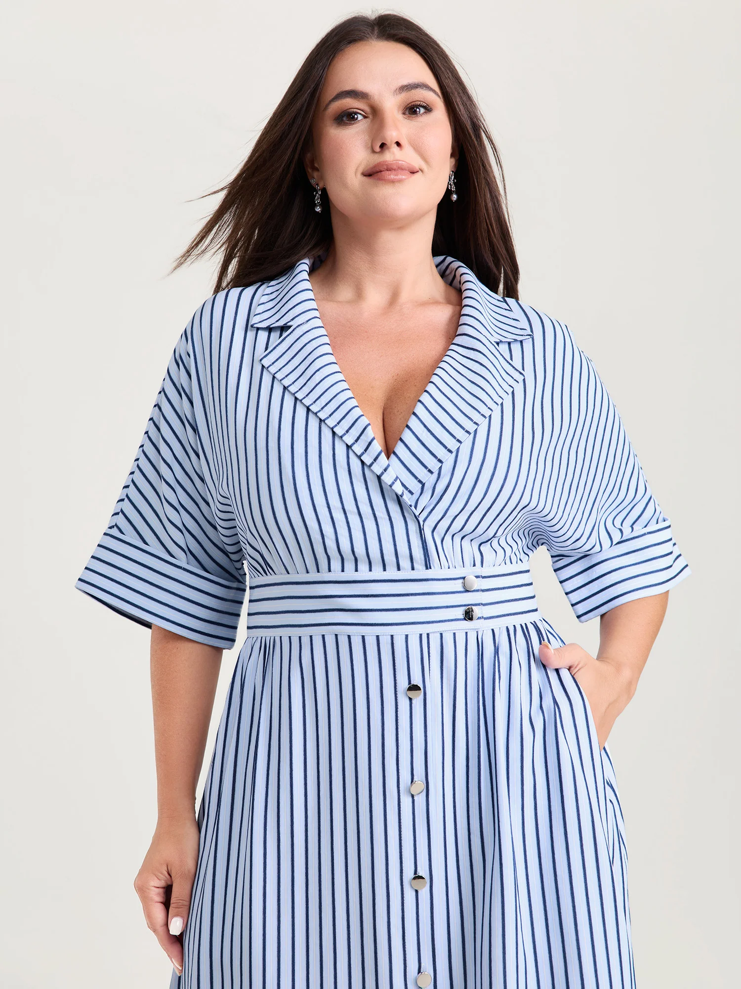 Striped Notched Lapel Collar Midi Dress - Image 2