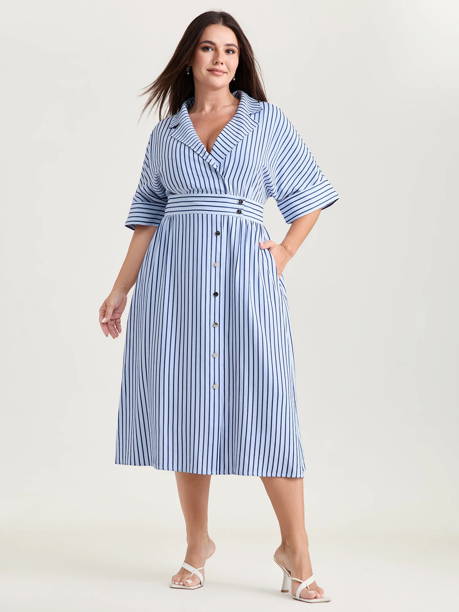 Striped Notched Lapel Collar Midi Dress - Image 3