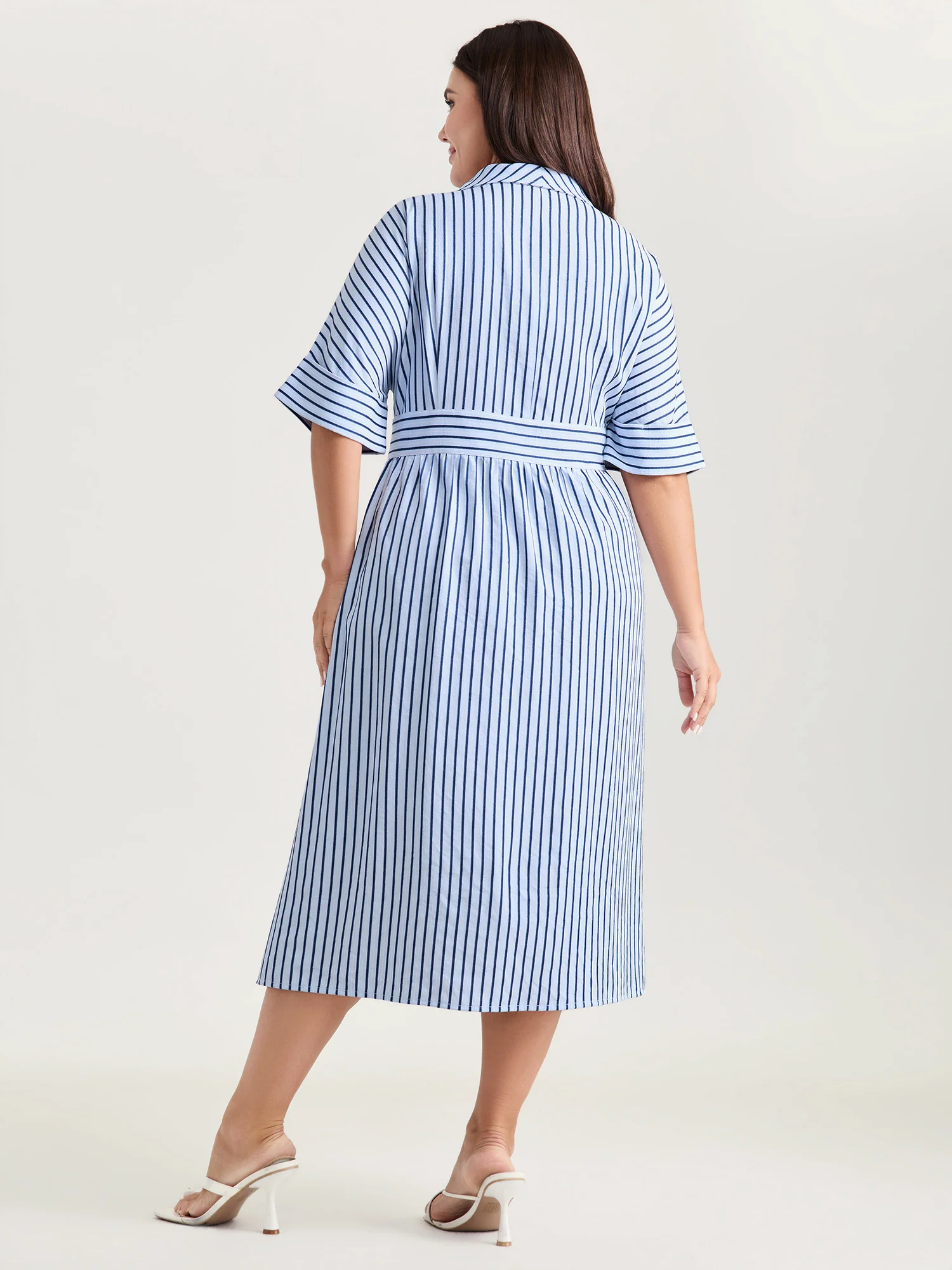 Striped Notched Lapel Collar Midi Dress - Image 4