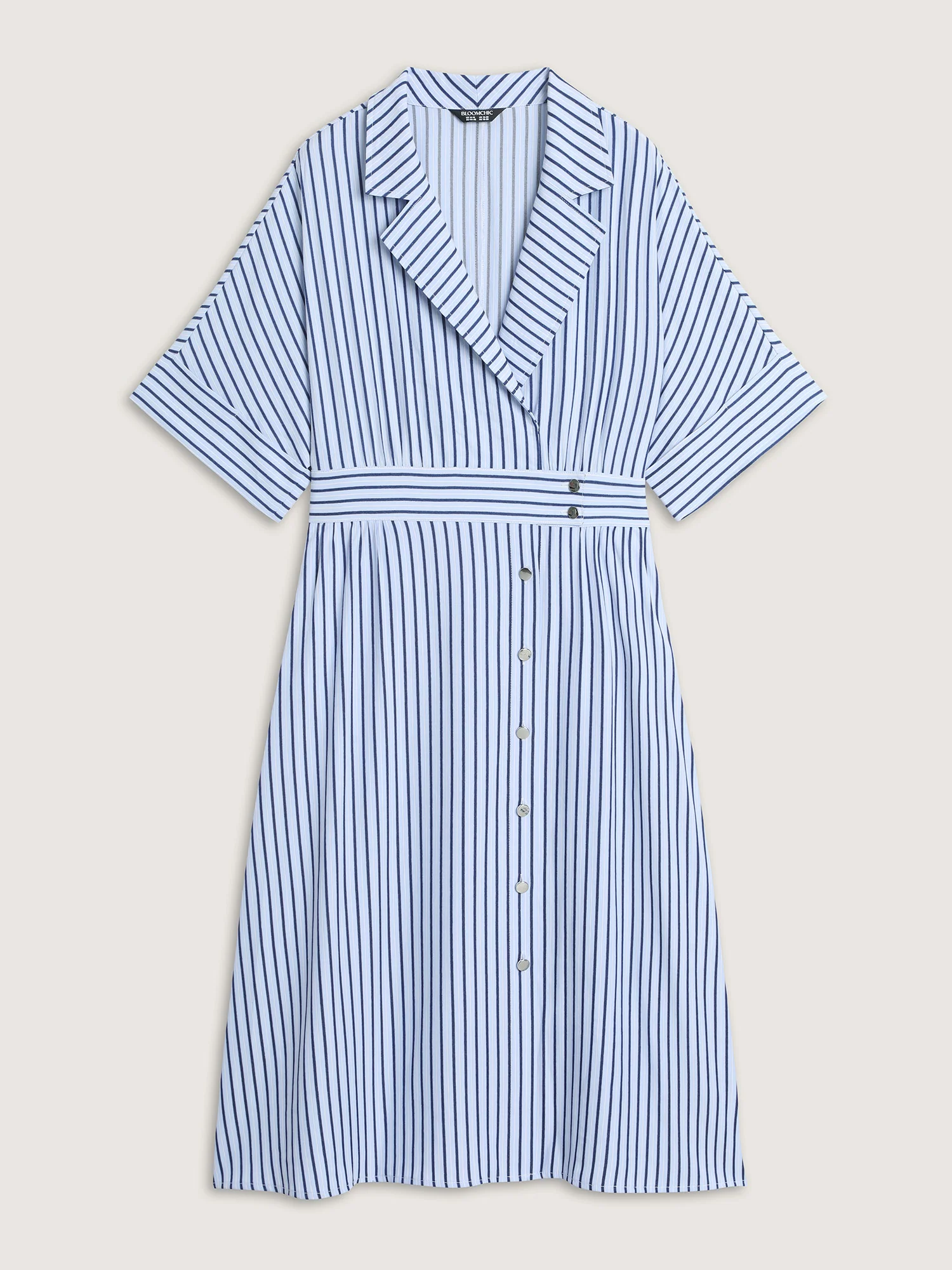 Striped Notched Lapel Collar Midi Dress - Image 8
