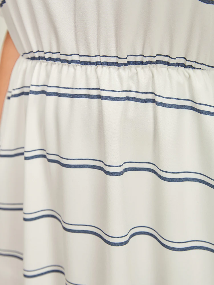 Striped Notched Neck Pocket Roll Batwing Sleeve Dress - Image 10