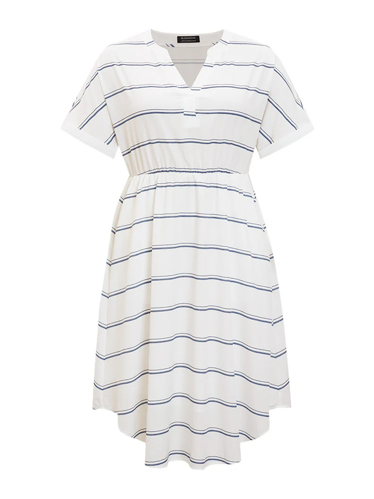 Striped Notched Neck Pocket Roll Batwing Sleeve Dress - Image 11