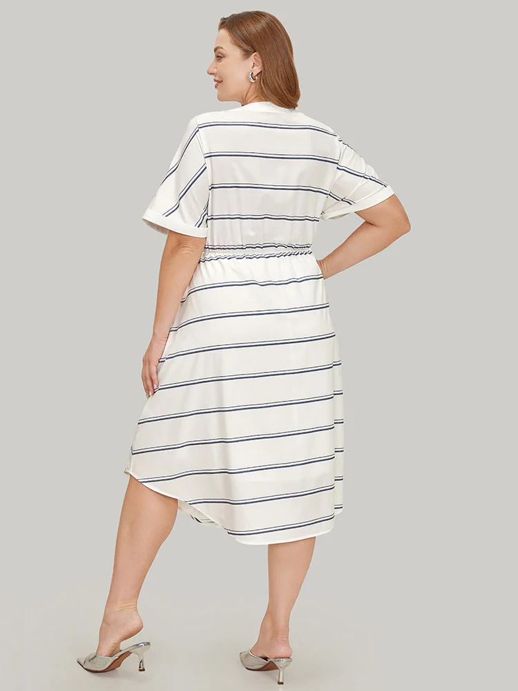 Striped Notched Neck Pocket Roll Batwing Sleeve Dress - Image 2