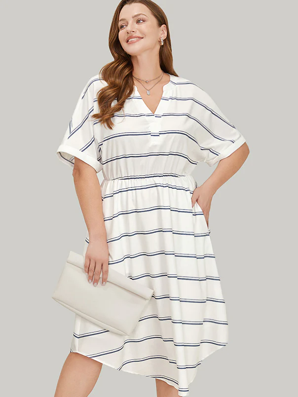 Striped Notched Neck Pocket Roll Batwing Sleeve Dress - Image 3
