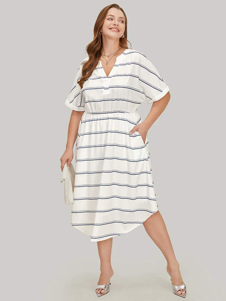 Striped Notched Neck Pocket Roll Batwing Sleeve Dress - Image 4