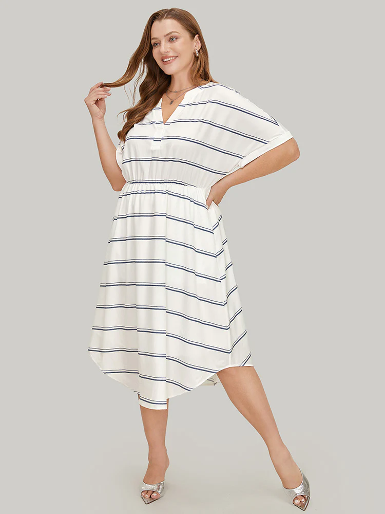 Striped Notched Neck Pocket Roll Batwing Sleeve Dress - Image 5