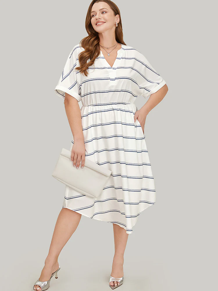Striped Notched Neck Pocket Roll Batwing Sleeve Dress - Image 6