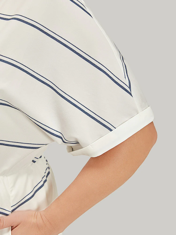 Striped Notched Neck Pocket Roll Batwing Sleeve Dress - Image 8