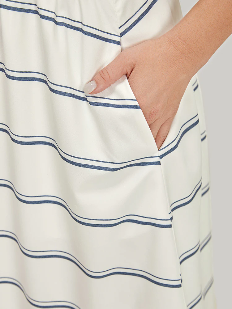 Striped Notched Neck Pocket Roll Batwing Sleeve Dress - Image 9