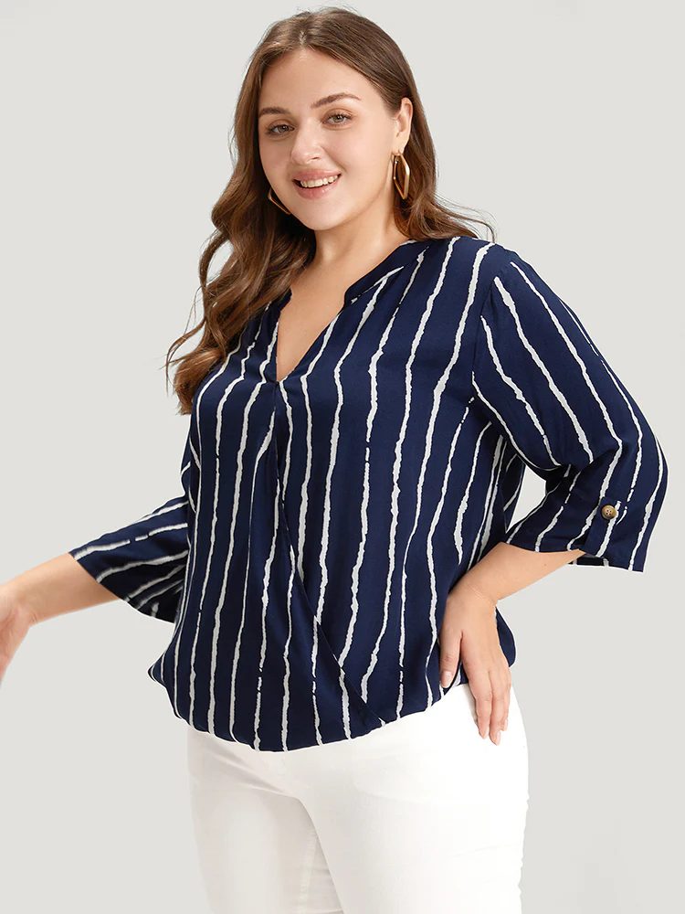 Striped Notched Three Quater Length Sleeve Blouse - Image 2
