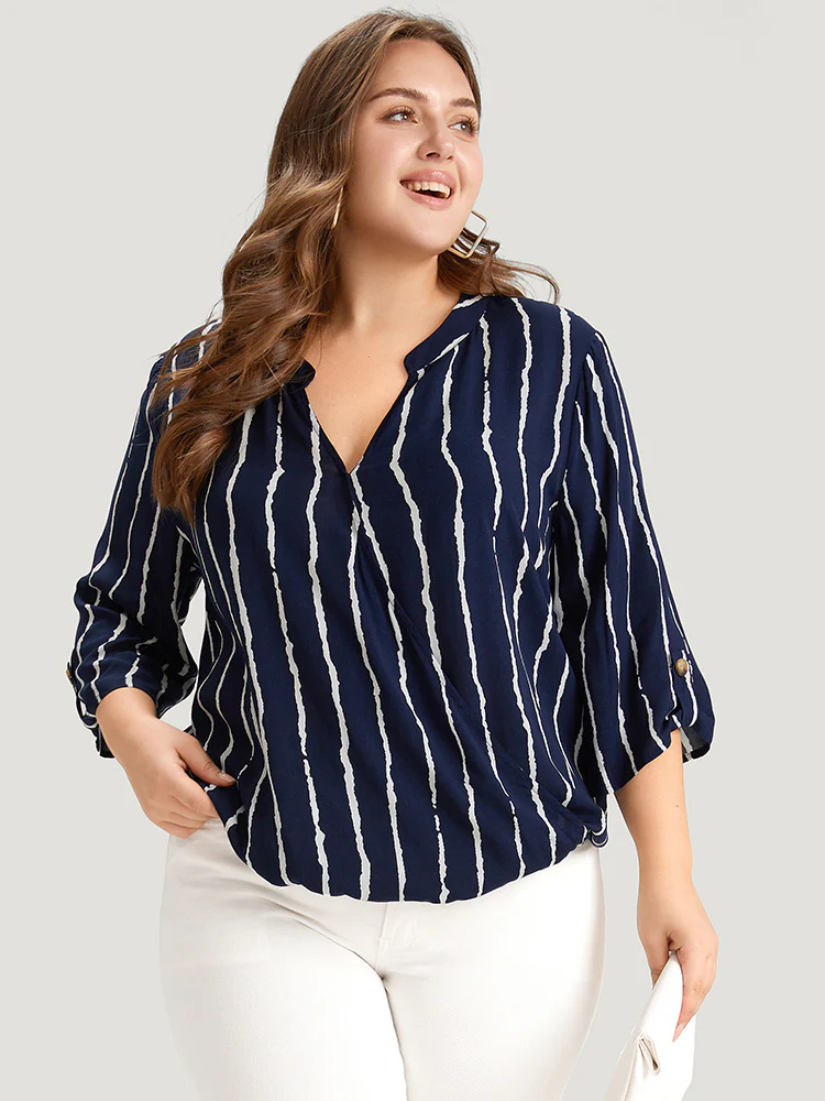 Striped Notched Three Quater Length Sleeve Blouse - Image 3