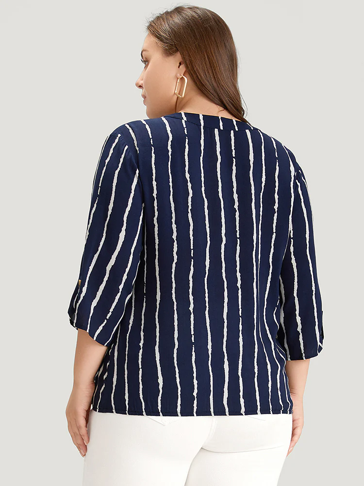 Striped Notched Three Quater Length Sleeve Blouse - Image 4