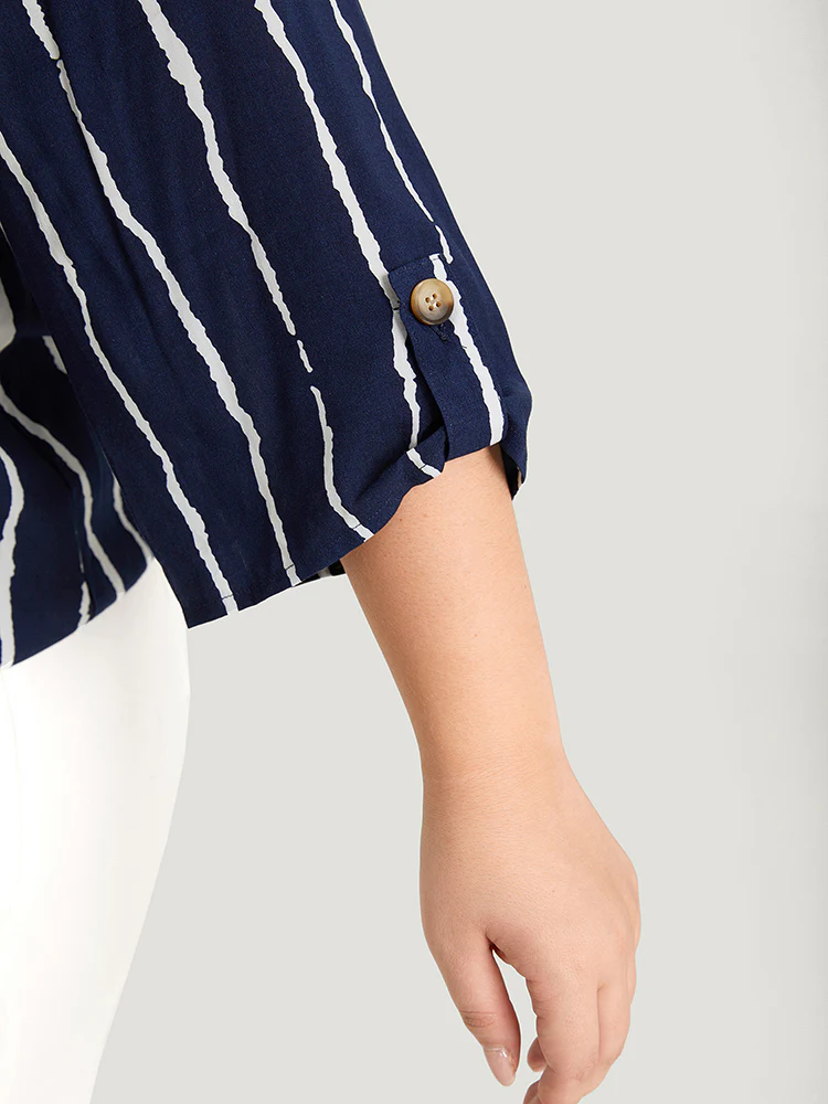 Striped Notched Three Quater Length Sleeve Blouse - Image 6
