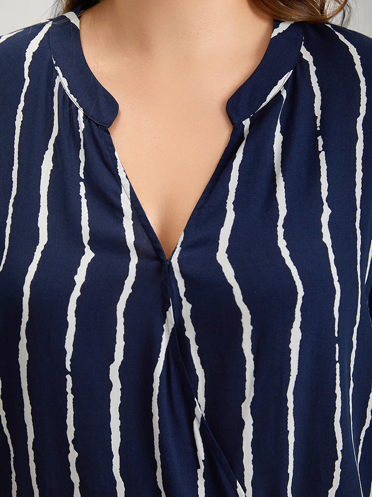 Striped Notched Three Quater Length Sleeve Blouse - Image 7