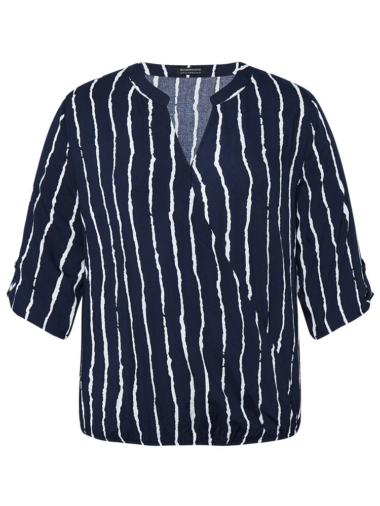 Striped Notched Three Quater Length Sleeve Blouse - Image 9