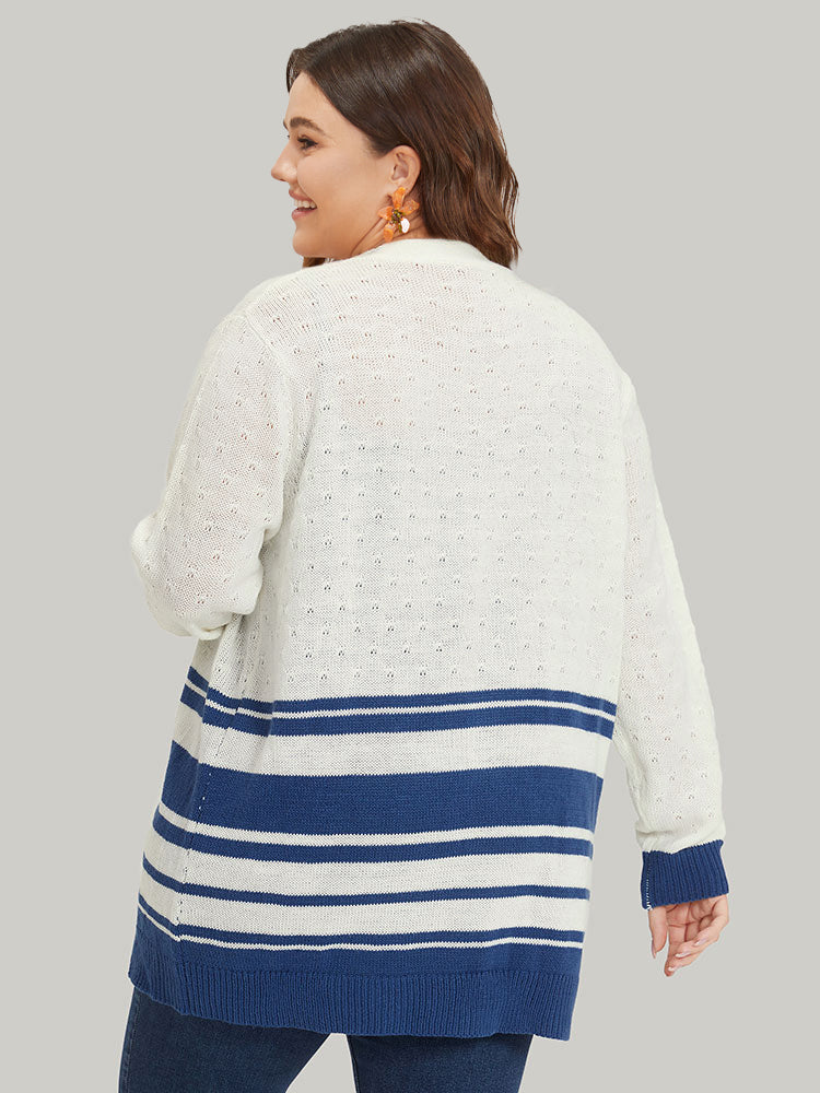Striped Open Front Contrast Elastic Cuffs Cardigan - Image 2