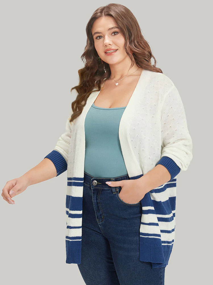 Striped Open Front Contrast Elastic Cuffs Cardigan - Image 3