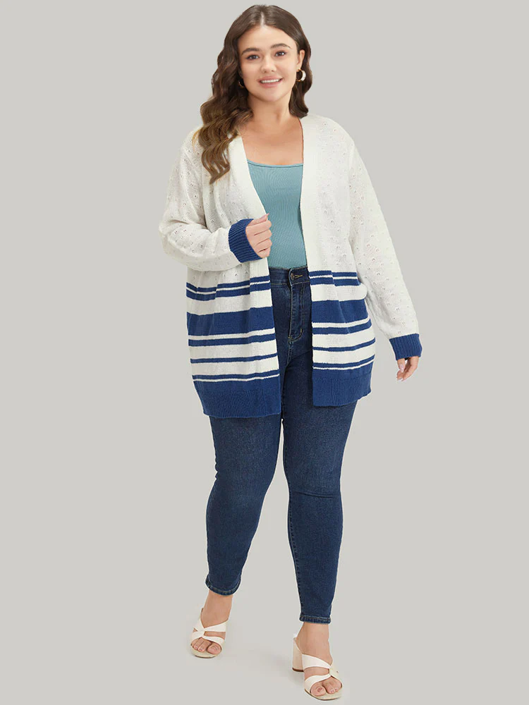 Striped Open Front Contrast Elastic Cuffs Cardigan - Image 4