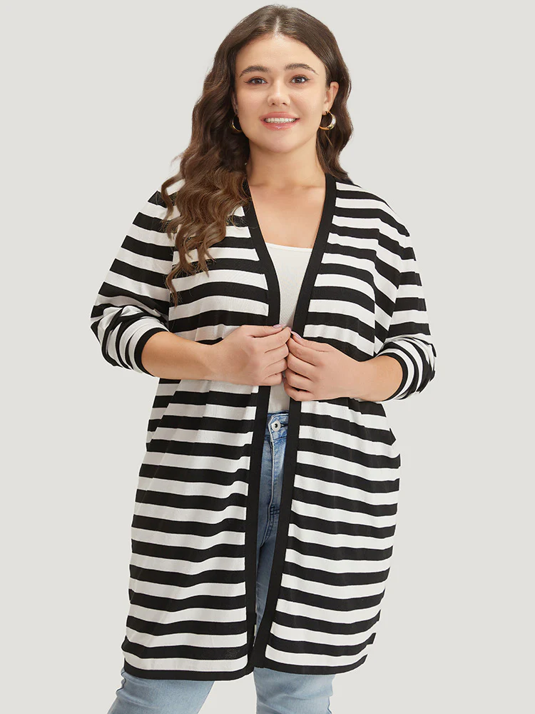 Striped Open Front Drop Shoulder Tunic Cardigan - Image 3
