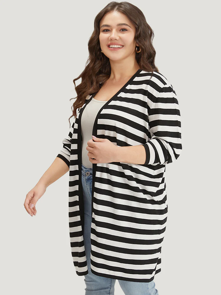 Striped Open Front Drop Shoulder Tunic Cardigan - Image 4