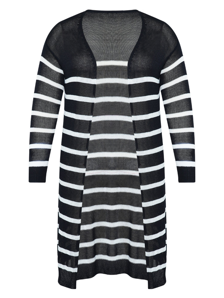 Striped Open Front Elastic Cuffs Drop Shoulder Cardigan - Image 10