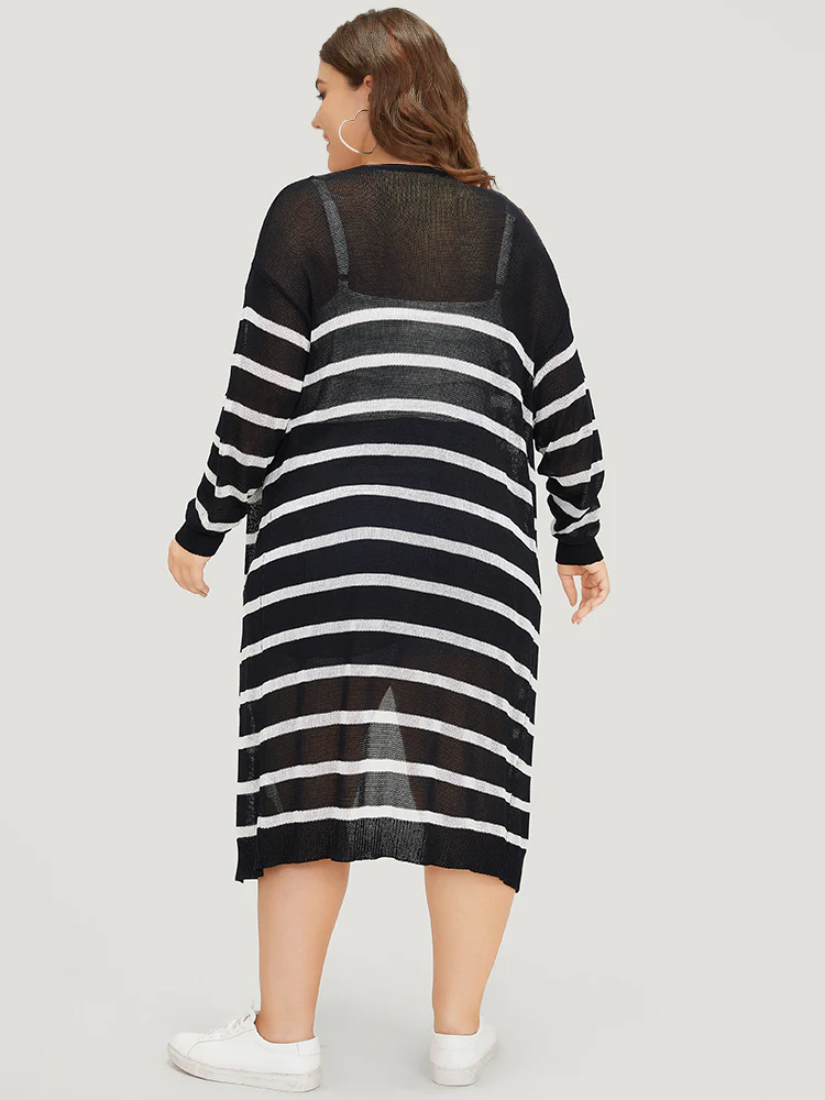 Striped Open Front Elastic Cuffs Drop Shoulder Cardigan - Image 2