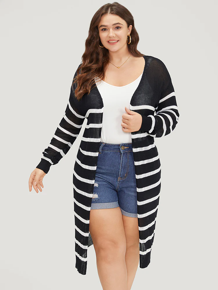 Striped Open Front Elastic Cuffs Drop Shoulder Cardigan - Image 3