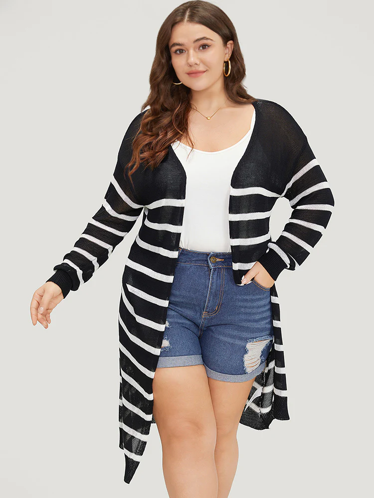 Striped Open Front Elastic Cuffs Drop Shoulder Cardigan - Image 4