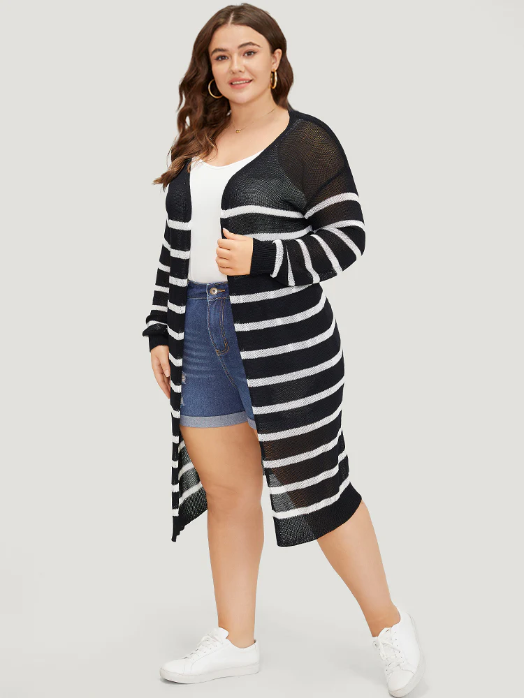 Striped Open Front Elastic Cuffs Drop Shoulder Cardigan - Image 5