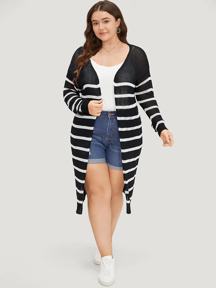 Striped Open Front Elastic Cuffs Drop Shoulder Cardigan - Image 6