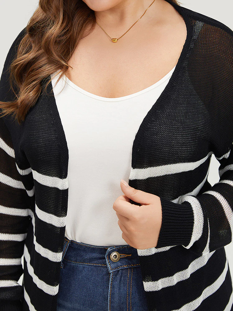 Striped Open Front Elastic Cuffs Drop Shoulder Cardigan - Image 7