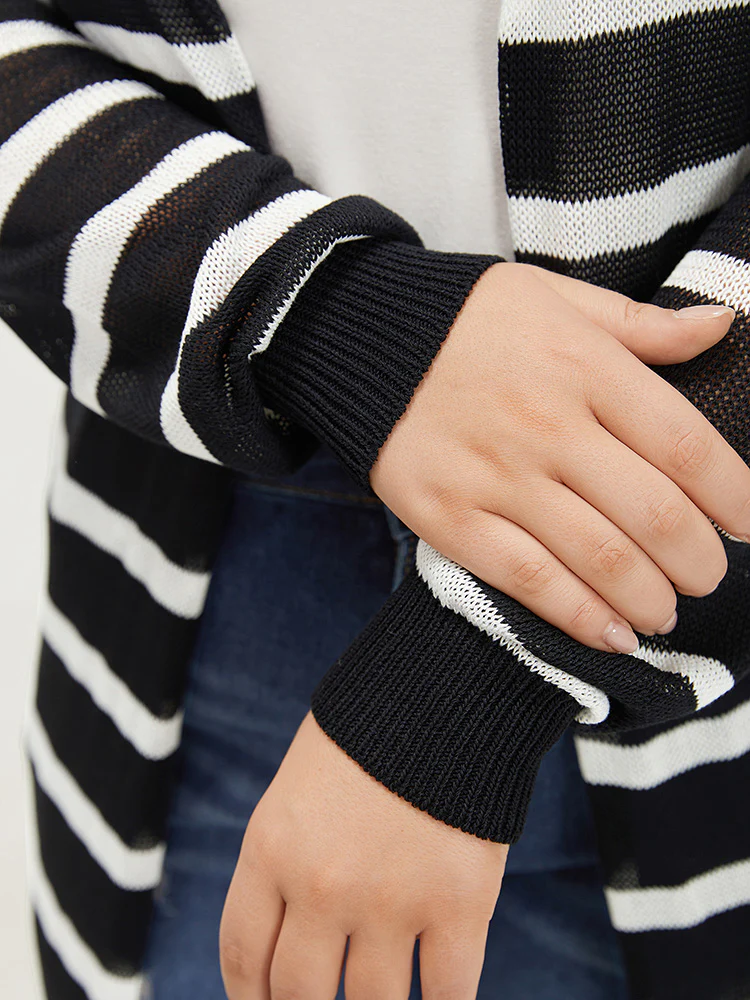 Striped Open Front Elastic Cuffs Drop Shoulder Cardigan - Image 8