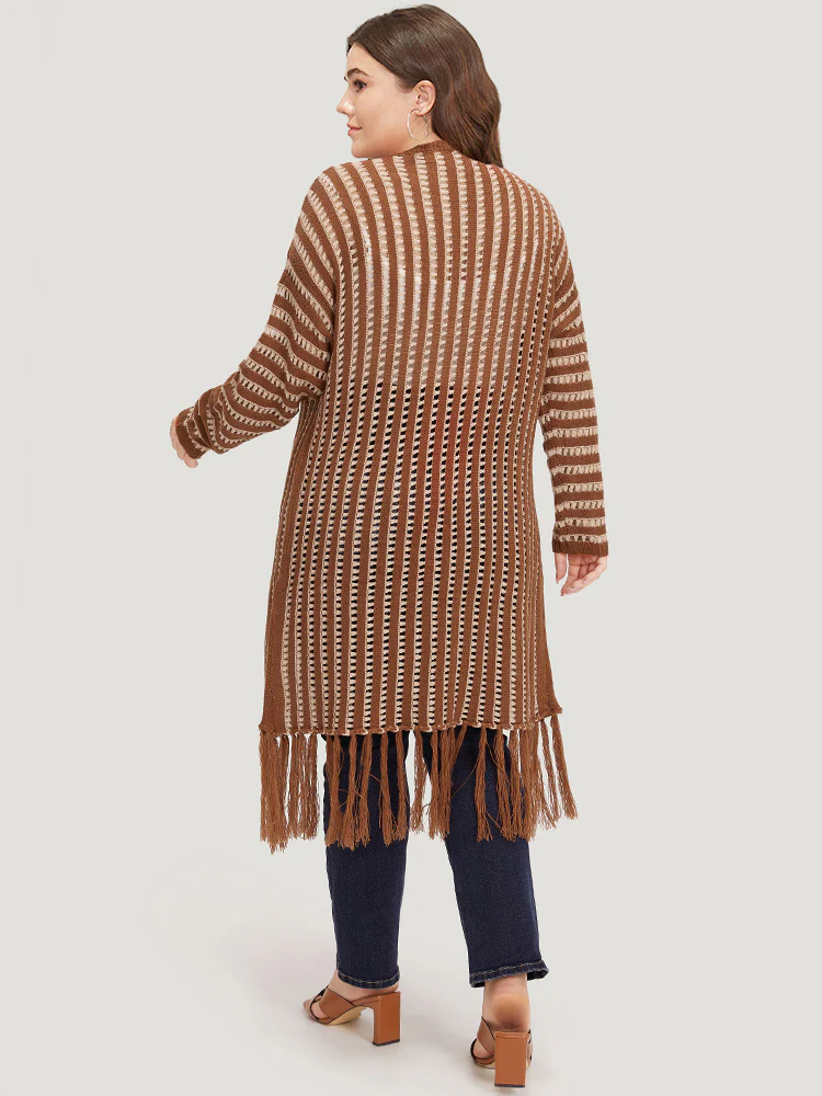 Striped Open Front Tassel Trim Hollow Out Cardigan - Image 2